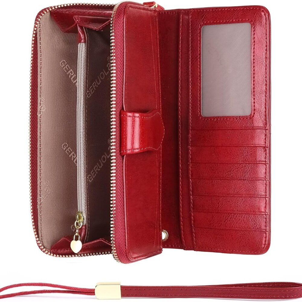 Women's Leather Rfid Wallet Large Capacity Zip Coin Pocket Bifold Red